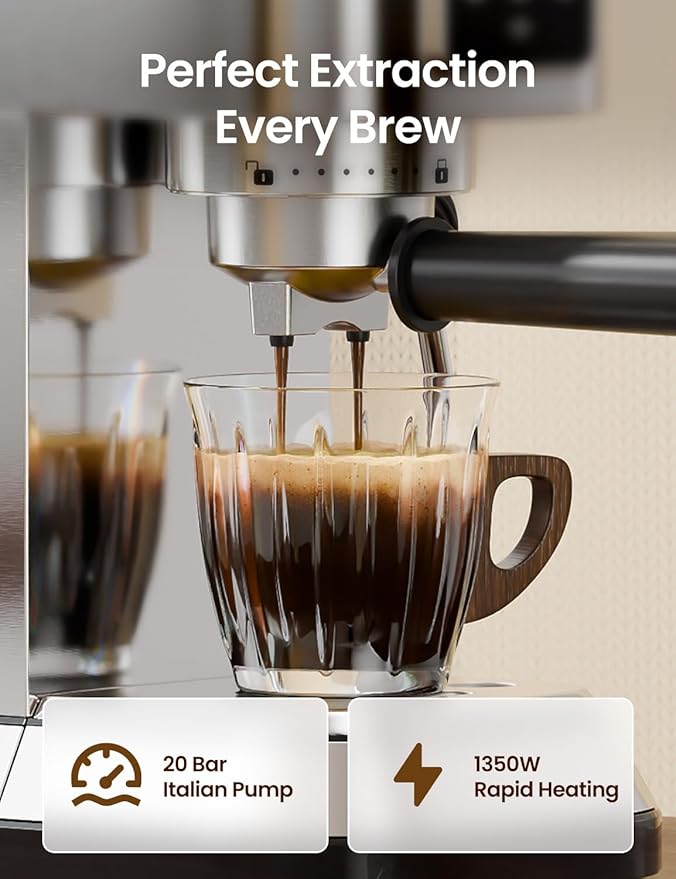 topzee Espresso Machine 20 Bar, Compact Coffee Maker with Milk Frother & Cold Brew Function, 52oz Removable Water Tank, Stainless Steel Cappuccino, Latte Maker, Silver