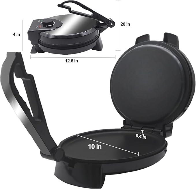 10" 1200W Electric Tortilla Press & Chapati Maker - for Roti, Crepes, Grilling | Includes Warming Bag & Spatula (Black)