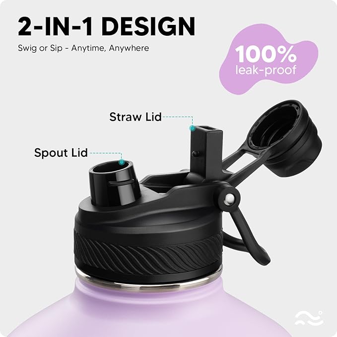 Swigina [2-IN-1 LID] Gallon Insulated Water Bottle with Silicone Boot (48hrs Cold/24hrs Hot) - DIY Stickers, Leakproof, BPA Free, 128 oz