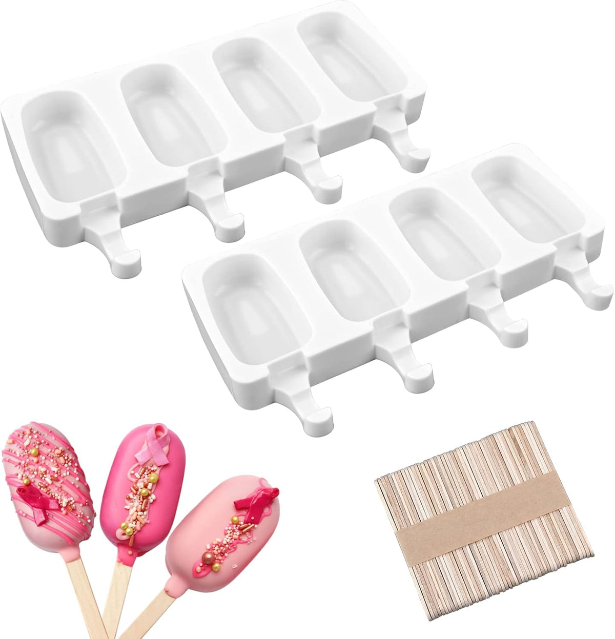 Sakolla 2 Pack Silicone Popsicle Molds, 4 Cavities Oval Mini Ice Pop Molds with 50 Wooden Sticks for Homemade Cake Pop, Cakesicles, Ice Cream (White)