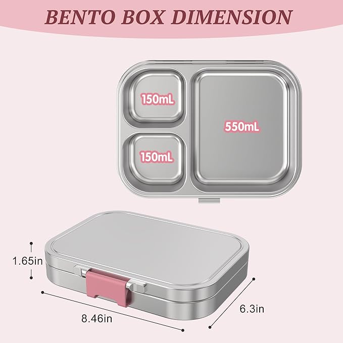 LOHASOK Stainless Steel Bento Lunch Box, 3-Compartment Food Container Large 800ML Metal Bento Box for Kids or Adults with Lockable Clips to Leak Proof Pink