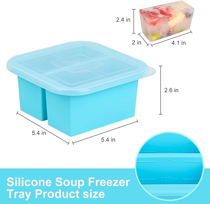 Silicone Freezer Tray with Lid 4 Pack Silicone Freezer Molds Ice Cube Tray Makes 8 Perfect 1 Cup Portions Soup Cubes Meal Prep Containers- Oven & Dishwasher Safe