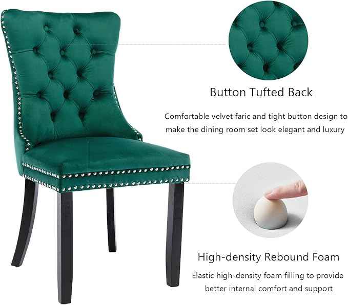 Green Velvet Dining Chairs Set of 4, Upholstered Dining Room Chairs with Back Ring Pull Trim and Solid Wood Legs, Tufted Wingback Kitchen Chairs for Dining Room,Living Room,Kitchen(Green)
