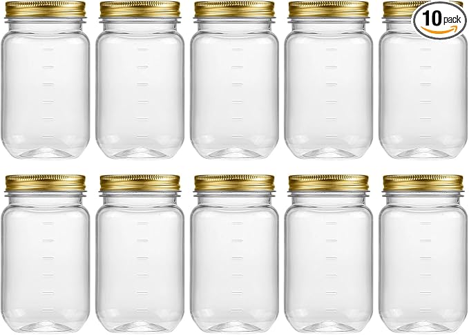 novelinks 16 oz Clear Plastic Jars with Lids, Refillable 16oz Mason Jars with Lids & Storage Containers for Kitchen & Household Use (10 Pack,Gold)