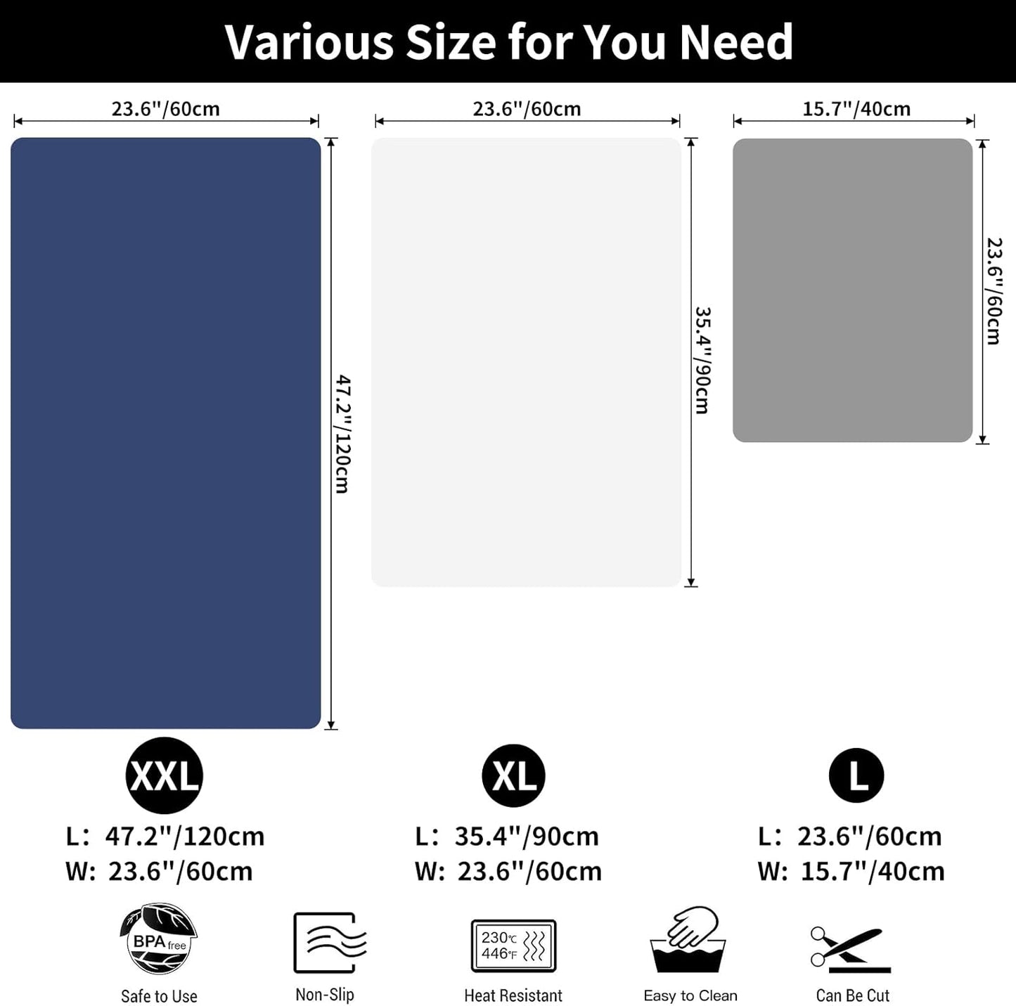 2 MM Super Thick Large Silicone Mat, 47.2"x23.6" Silicone Mats for Kitchen Counter, Non-slip Heat Resistant Mat,Thicken Kitchen Counter Mat, Waterproof Countertop Protector for Craft (Black)