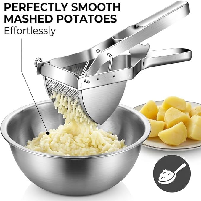 Stainless Steel Potato Ricer with Dough Scraper - Masher for Mashed Potatoes, Gnocchi & Fruit - Dishwasher Safe