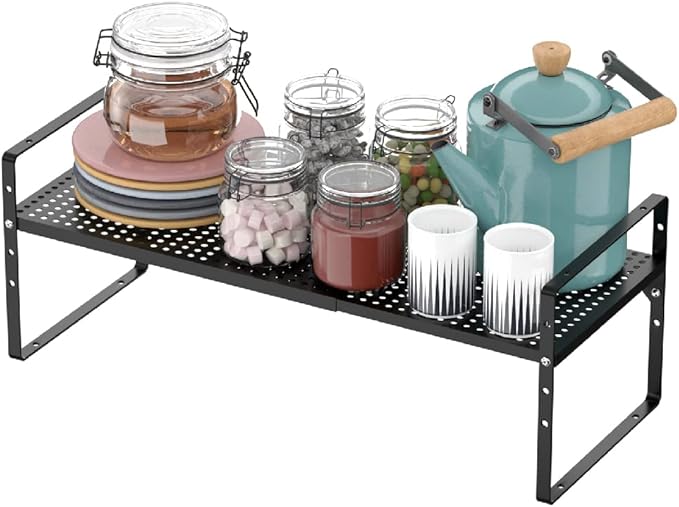 Expandable Counter Shelf, Adjustable Height Spice Rack Metal Mesh Board Shelf Organization for Kitchen Pantry Bathroom Office -Black