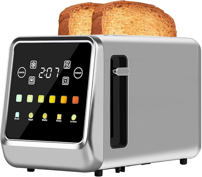 Touch Screen Toaster 2 Slice, Bagel Toasters with LCD Display, Stainless Steel Smart Digital Toasters with Single Slot Toasting,Extra Wide Slots Toaster with Memory/Bagel/Defrost/Reheat Functions