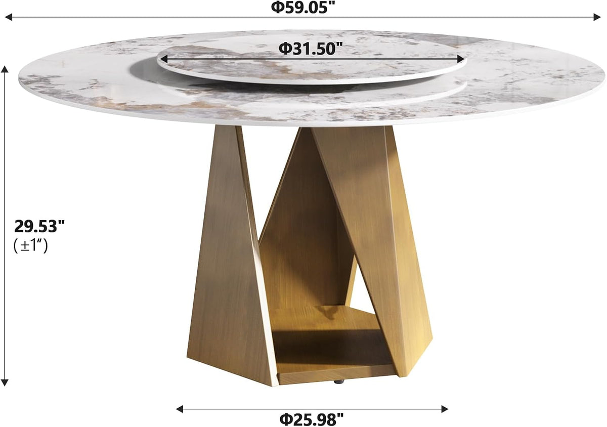 Montary 59" Modern Artificial Marble Round Dining Table with Bronze Iron Metal Base & 31.5" White Sintered Stone Turntable, Dining Room Table with Lazy Susan for 6-8 (Only Table)