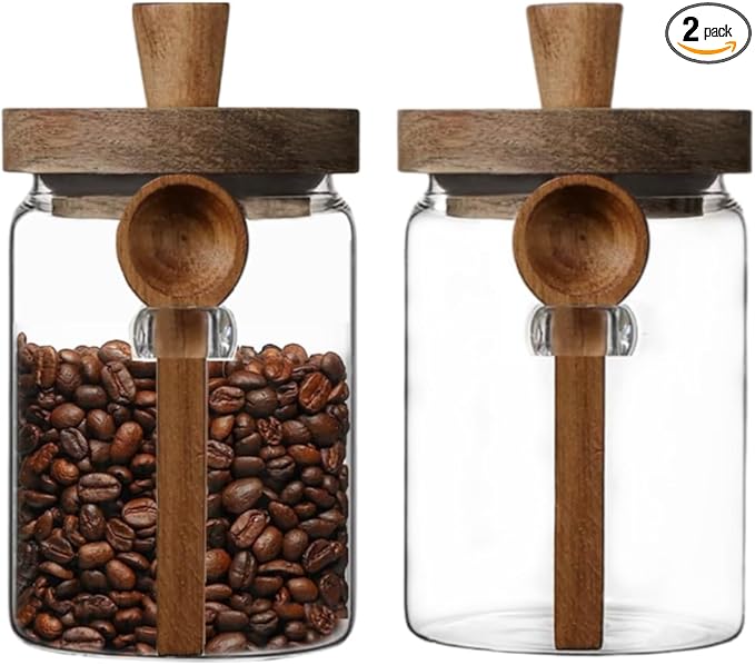 ANSQU Set of 2 Glass Food Storage Jars with Bamboo Wood Lid and Spoon, 20.3oz Glass Kitchen Canisters for Coffee, Tea, Cereal, Spice and Canning, Mason Jars, Gratitude Jar for Mother' Day