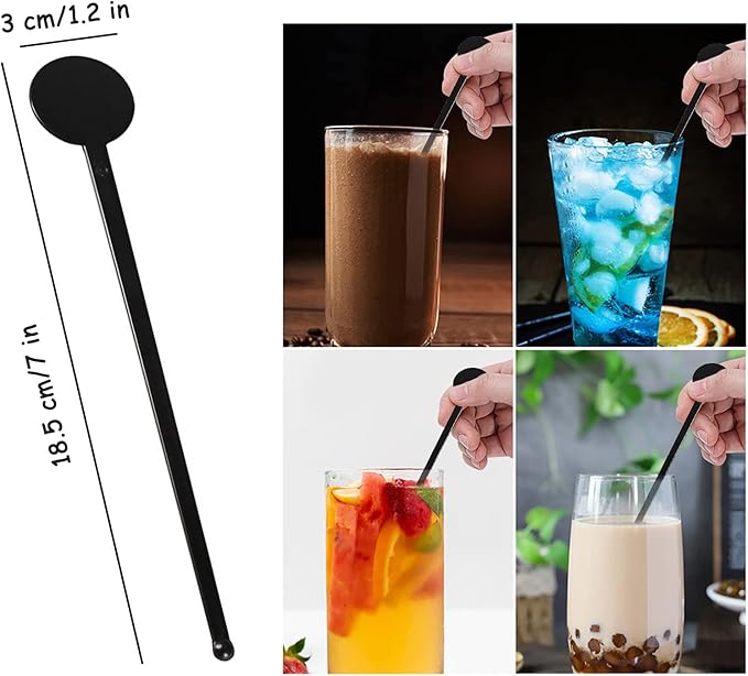 200Pcs Cocktail Swizzle Sticks, 7 Inches Disposible Plastic Disc Top Drink Stirrers Black Drinks Mixing Rod for Coffee Milk Cocktail Whiskey Beverage Bar (Black)