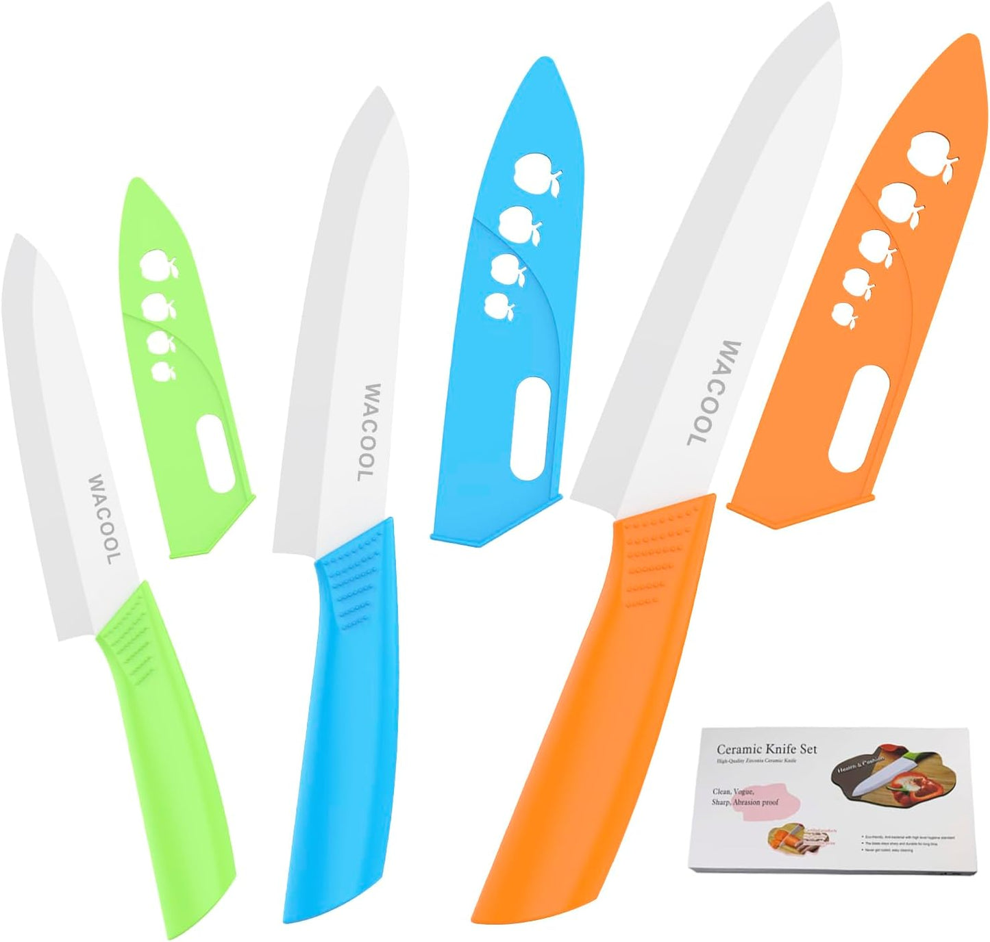 WACOOL Ceramic Knife Set 3-Piece (6-inch Chef's Knife, 5-inch Utility Knife,4-inch Fruit Paring Knife), with 3 Knife Sheaths for Each Blade (Colorful Handle)