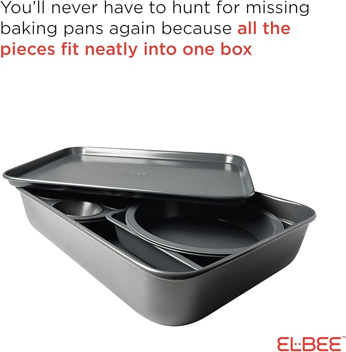 Elbee Home 8-Piece Nonstick Aluminized Steel, Space Saving Baking Set, With Deep Roasting Pan, Cookie Sheet, Cake Pans, Muffin Pans and Baking Pan PFOA & PFOS Free, Holiday Gift for Her