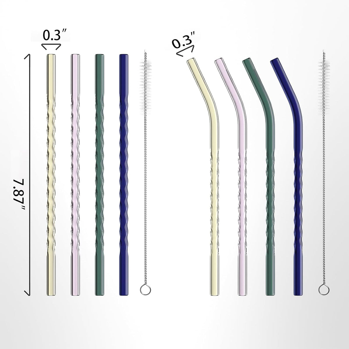 Reusable Glass Straws Clear Twist Shape Sets of 8 with 4 Bent and 4 Straight Straws & 2 Cleaning Brushes, 8 Inch x 0.3" Thick Glass Drinking Straw for Tumblers Gift Wrap Dishwasher Safe