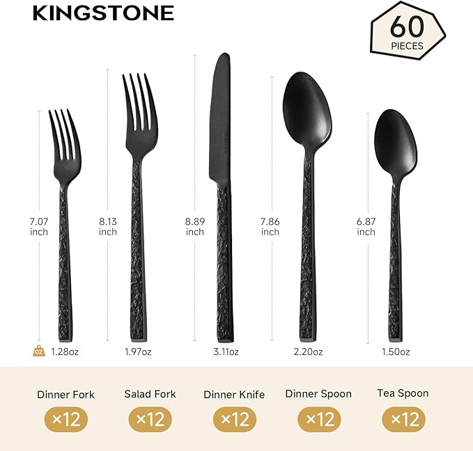 KINGSTONE 60 Pcs Black Hammered Silverware Set for 12, 18/10 Stainless Steel Heavy Duty Flatware Set, Tableware Cutlery Utensil Sets for Home Restaurant Dishwasher Safe