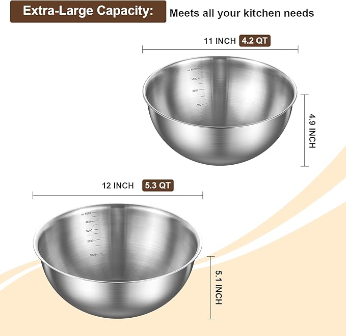 Gronivex Stainless Steel Mixing Bowls Set of 2 (4.2 & 5.3 Qt), Food Grade 304, Dishwasher Safe, Stackable Nesting Bowls for Baking, Salad Prep & Cooking