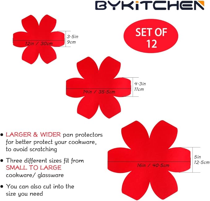 BYKITCHEN Larger & Thicker Pan Protectors, Set of 12 and 3 Different Sizes, Felt Pot Pan Separators, Pot Dividers Savers for Stacking and Protecting Your Cookware