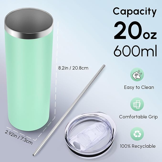 Volhoply 20 oz Skinny Tumbler with Lid and Straw, Stainless Steel Straight Tumblers Cup, Vacuum Insulated Coffee Mug for Home, Office, Travel, DIY (Mint,1 Pack)
