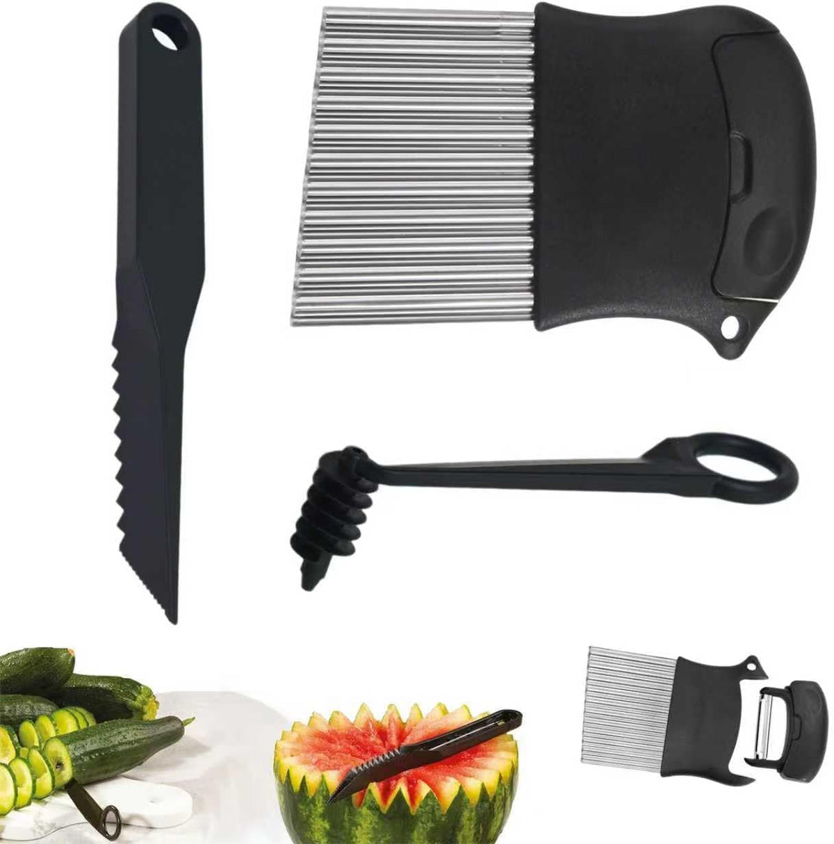 4 Piece Kitchen Spiral And V-Shaped Tools, vegetable peeler,crinkle cutter knife, Multifunctional Kitchen Set, Stainless Steel Manual Kitchen Tools for Creative Food Decoration(black）