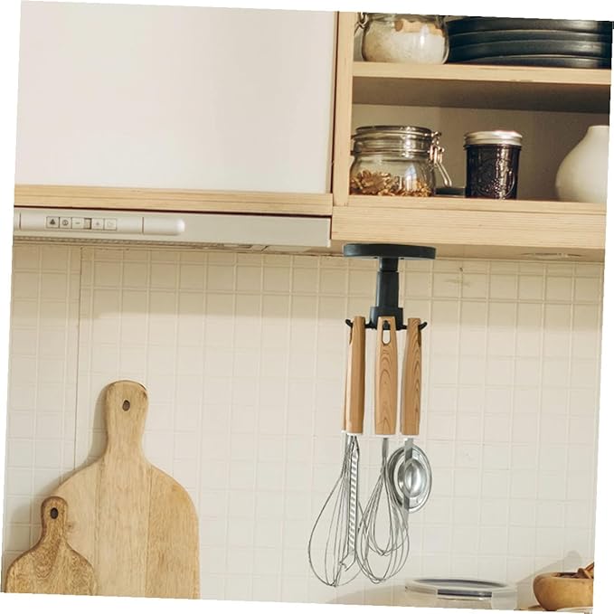 SUPVOX 3pcs Rotating Hanging Utensil Hooks Kitchen Utensil Holder Nail-Free Under Cabinet Storage Rack Black for Kitchen Organization