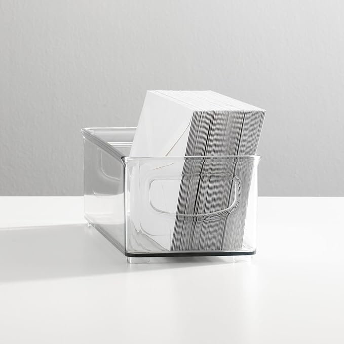 mDesign Small Plastic Office Storage Container Bins with Handles for Organization in Filing Cabinet, Closet Shelf, or Desk Drawers, Organizer for Notes, Pens, Pencils, Ligne Collection, 4 Pack - Clear