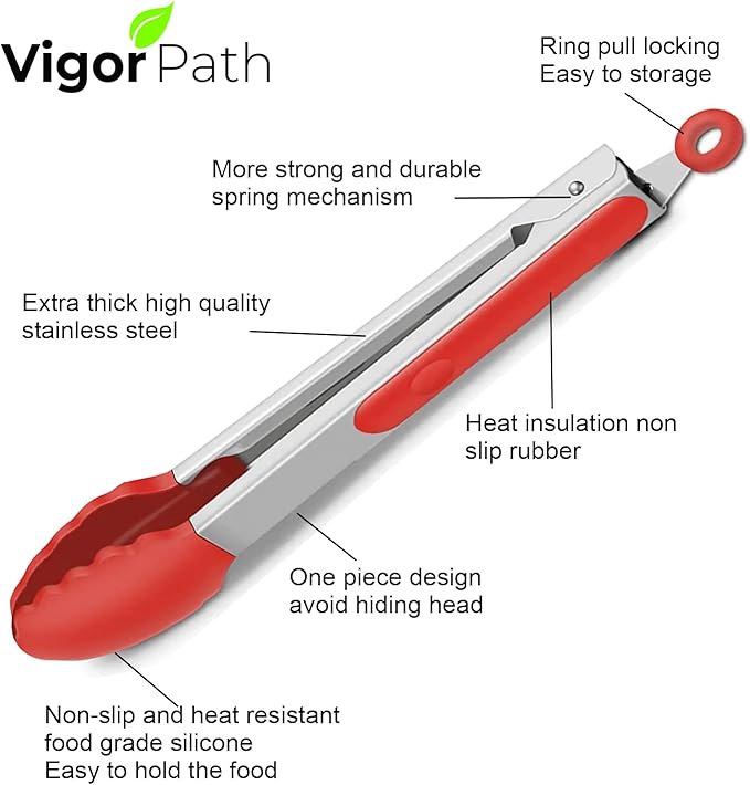 2-Pack of 9" (Small) & 12" (Large) Kitchen Tongs Set: Non-Stick Silicone-Stainless Steel Cooking Tongs, BPA Free, Heat Resistant (480°F) - Non-Slip Grip & Locking Metal Food Tongs (Red)