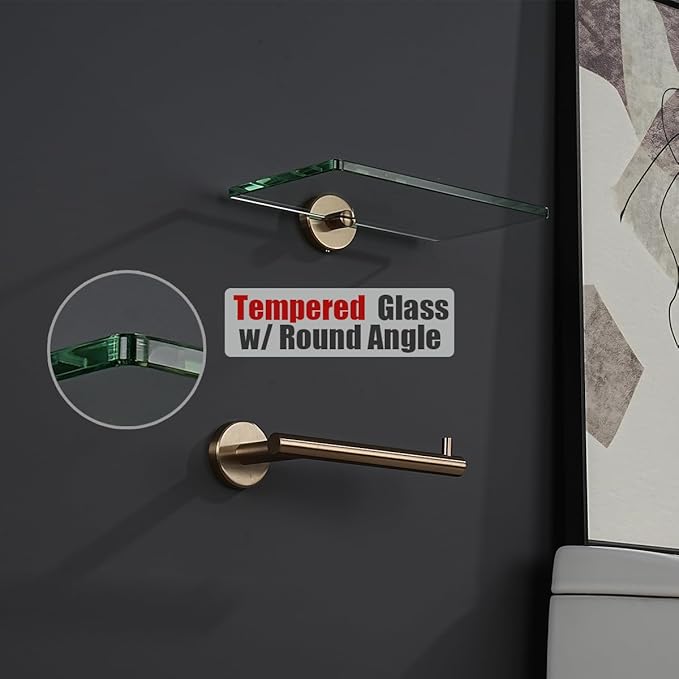 JQK Bathroom Glass Shelf, Tempered Glass Shower Storage 8 by 5 inches, 304 Stainless Steel Champagne Bronze Wall Mount, TGS101L8-CB