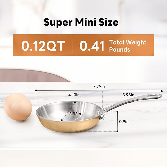 Macevia Mini 0.12QT Sauce Pan, 18/10 Stainless Steel Pans, Small Pot Butter Warmer With Handle, 3 Ply Stainless Frying Pans For Home Kitchen (4in/140ml) - Rose Gold