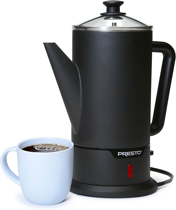Presto 02815 12-Cup Cordless Coffee Percolator - Stainless Steel, Modern Design, Easy Pour Spout, Stay-Cool Handle, Matte-Black