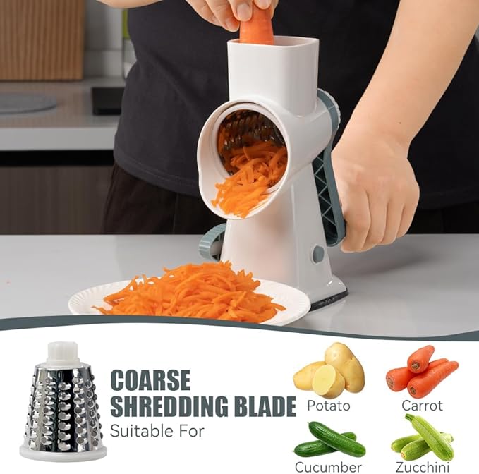KEOUKE Rotary Cheese Grater Hand Crank White - Shredder Slicer Grinder 3 Stainless Steel Blades, Stable Suction, Labor-Saving Handle, Safe Kitchen Tool for Cheese, Vegetable, Nuts, Chocolate