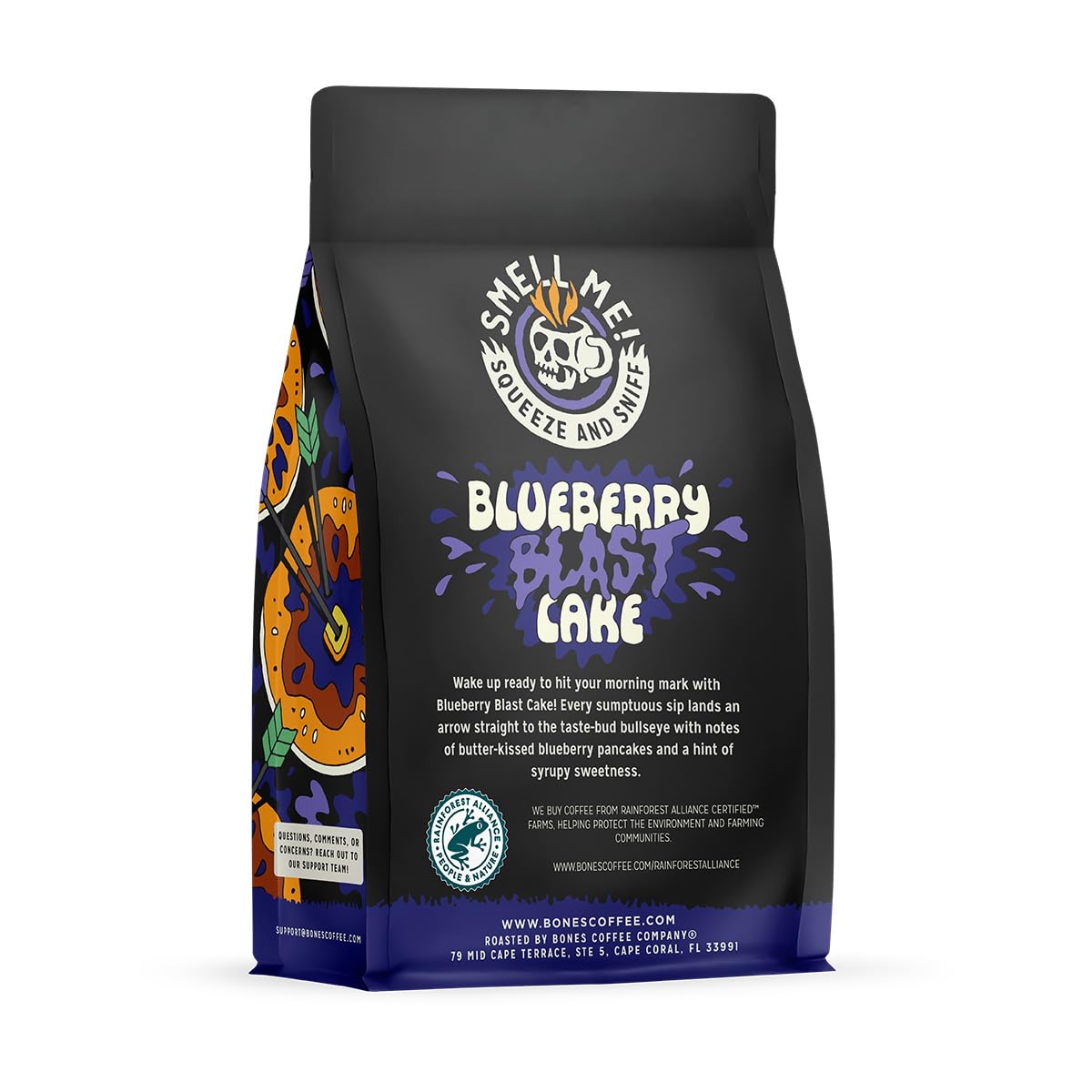Bones Coffee Company Blueberry Blast Cake, Blueberry Pancakes Flavored Coffee, Medium Roast Low Acid Arabica Beans Compatible with Auto drip and French Press Coffee Maker, 12 Oz Ground