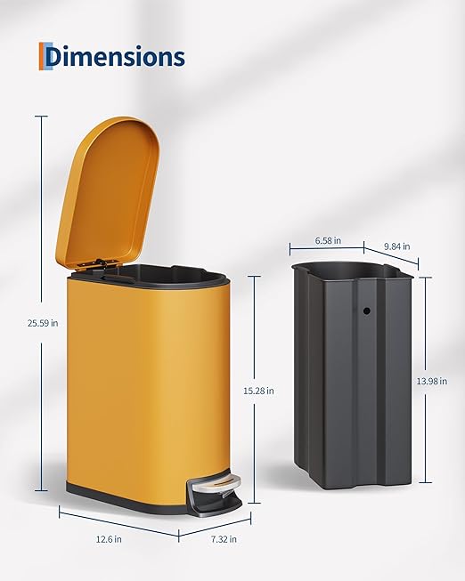 GarveeHome 2.6 Gallon Bathroom Trash Can, Space-Saving Slim Stainless Steel Step-On Garbage Bin with Soft Close Lid, Removable Inner Bucket for Bathroom & Bedroom,Yellow