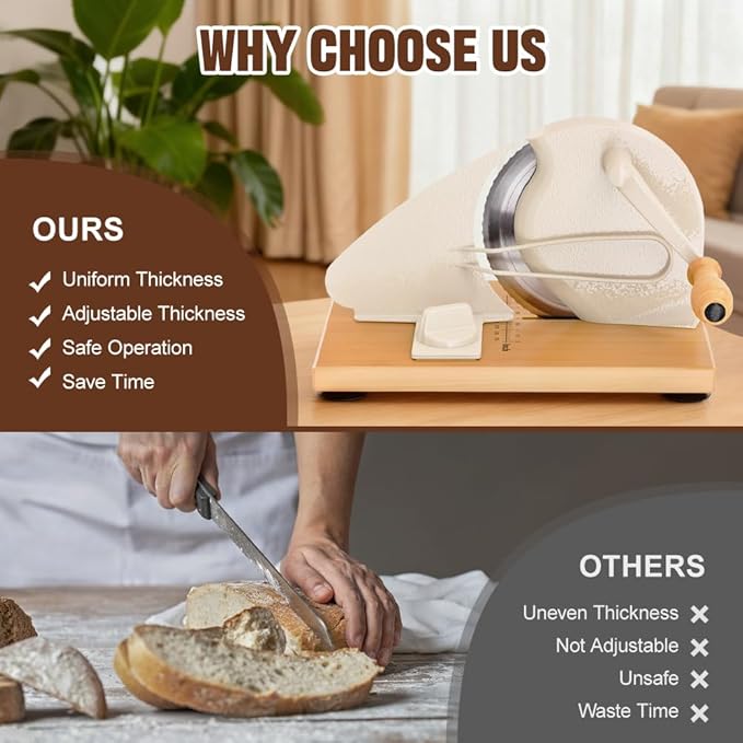 Upgrade Manual Bread Slicer for Homemade Bread, Sourdough Slicer with Hand Crank, Metal Guide Rail, Non-Slip Suction Base & Sharp Blade for Consistent Even Slices