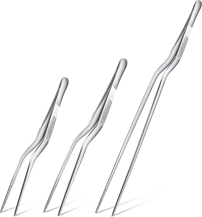 Chumia 3 Piece Stainless Steel Tweezers - Precision Kitchen Tongs for Plating, Food Handling & Cake Decorating