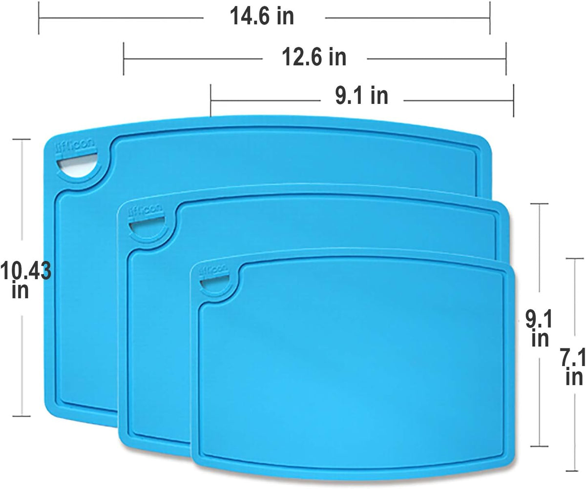 Silicone Thick Cutting Boards Mats Set of 3pcs Foldable & Flexible Design Juice Grooves Easy Grip Handle Dishwasher Safe for Kitchen,BPA free Chif-Blue