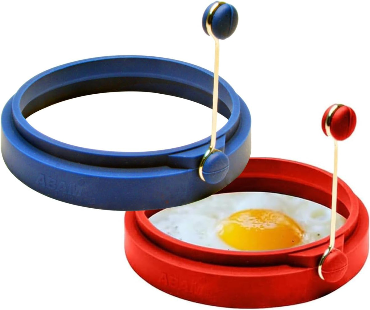 Professional 4 Inch Silicone Egg Ring, Pancake Mold Egg for Breakfast Sandwiches, Omelets and More, Nonstick Mold Ring, Round Blue (Pack of 2), Free e-Book by Abam (Blue & Red)