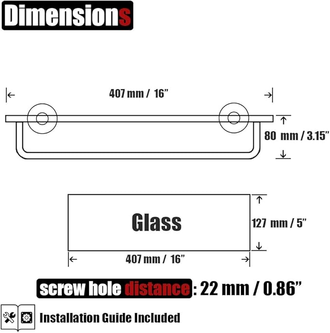JQK Bathroom Glass Shelf, Shelf with 16 Inch Towel Bar Tempered Glass Shower Storage 16 by 5 inches, 304 Stainless Steel Brushed Gold Wall Mount, TGS100-BG