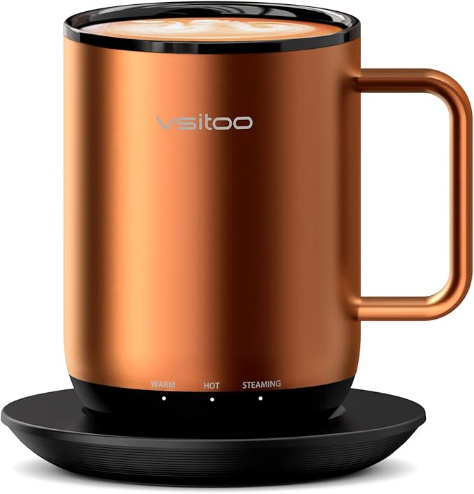 Vsitoo S3 Plus 14oz Heated Coffee Mug - Temperature Control Smart Mug with Mug Warmer, Auto-Sensing AI Heats Drinks to 120-150°F Hands-Free.Ideal for Home/Office/Gifts，Copper