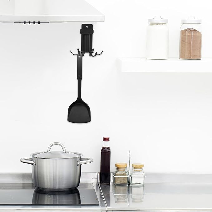 PRETYZOOM Wall Mounted Rotating Kitchen Utensil Hooks Rack, Black 6-Hook Organizer for Cooking Utensils, Space-Saving Hanging Holder for Kitchen and Bathroom Storage