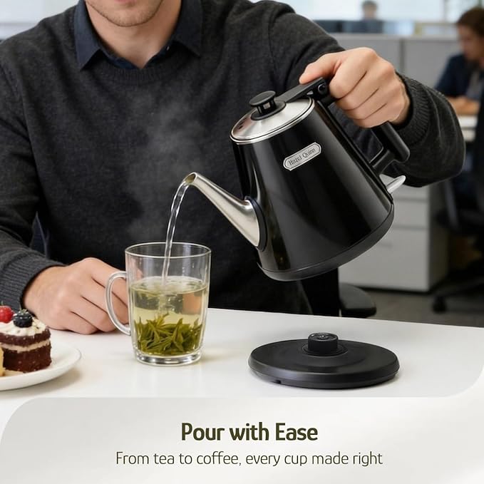 Hazel Quinn Electric Kettle - 1L/34oz Small Tea Kettle, 800W Fast Boil, All 304 Stainless Steel Interior, Double Wall for Cool Touch and Thermal, Auto Shut-Off, BPA-Free, Cordless - Jet Black