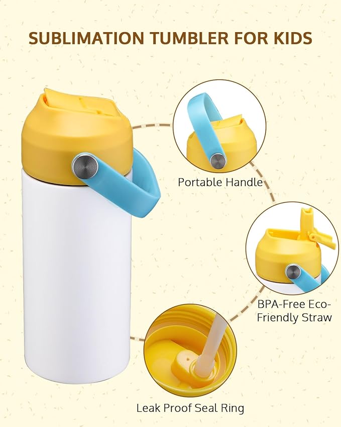 OFFNOVA 12oz Kids Sublimation Tumbler, 8 Pack Stainless Steel Sippy Cup Blank, Vacuum Insulated Water Bottle with Leak-Proof Straw Lid