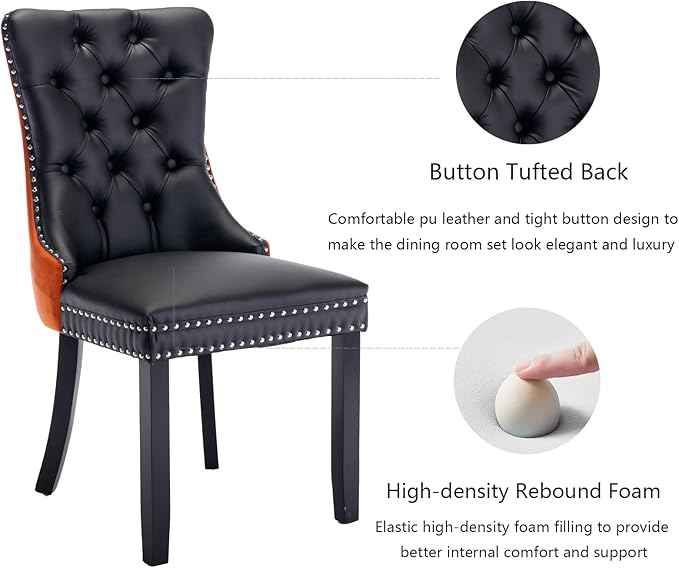 Dining Chairs Set of 6, Upholstered Dining Room Chairs with Back Ring Pull Trim and Solid Wood Legs, Modern Tufted Kitchen Chairs Perfect for Dining Room, Black Pu Leather Splicing Orange Velvet