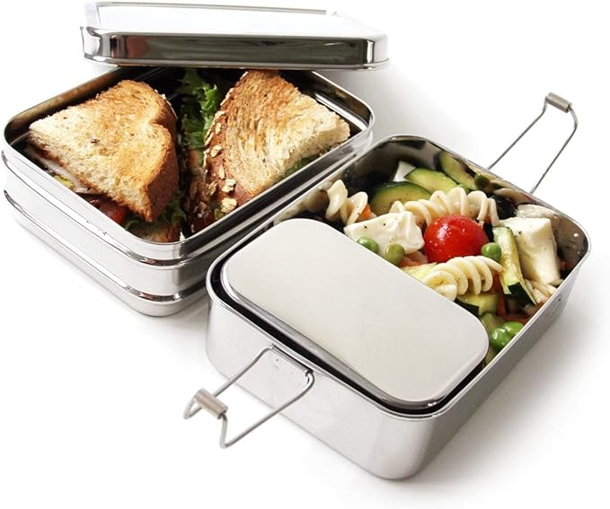 ECOlunchbox Three-in-One Stainless Steel Bento Box (31oz) – 3 Piece Nesting Lunch Container with Snack Pod – Plastic Free, Non Toxic, Dishwasher Safe, Not Leak-Proof