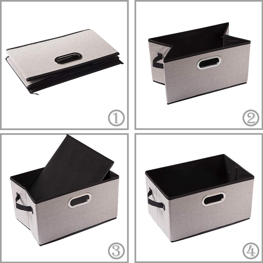 PRANDOM Large Fodable Storage Bins for Closet [5-Pack] Decorative Linen Fabric Storage Bins Cubes with Leather/Metal Handles for Shelves Bedroom Living Room Light Grey (14.9x9.8x8.3 Inch)