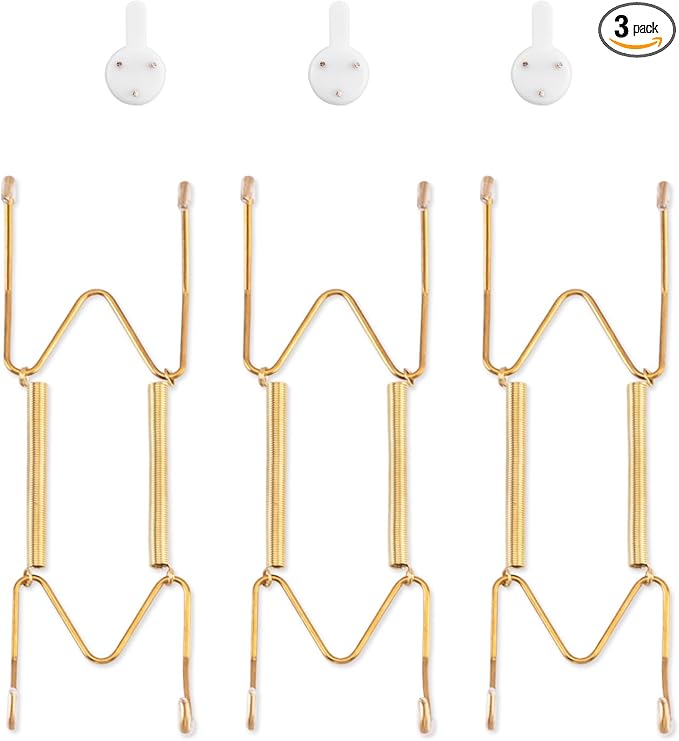 3 Pack Plate Hangers for The Wall, Suitable for 6-8 inch Art Plate, Stainless Steel Invisible Heavy Duty Wire Plate Holder with Wall Hooks, Plate Hangers for Displaying Plates, Platter, Dish, Gold