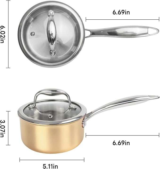 Macevia Sauce Pan with Glass Lid, 18/10 Stainless Steel Pot with Stay-Cool Handle, For All Stoves Multipurpose Use for Home Kitchen or Restaurant (1 Quart)- Rose Gold