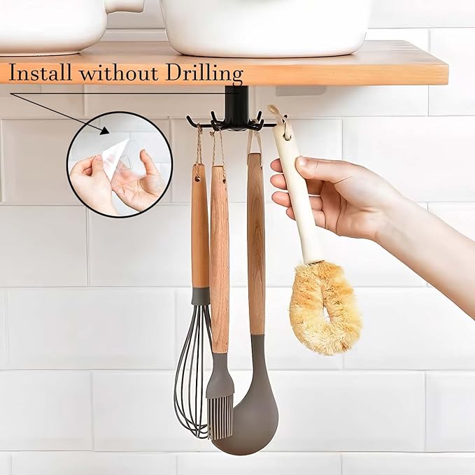 2PCS Under Cabinet Hooks for Kitchen Utensils, 360° Rotating Utility Hooks, Space-Saving Adhesive Kitchen Storage Rack for Hanging Tools and Utensils, Durable and Easy Installation (Black)