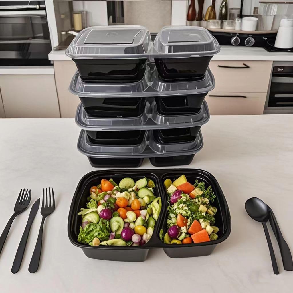 100pc 28 Oz 2-Grid Meal Prep Containers disposable, Plastic Food Take Out Containers With Lid, Take Out Containers Disposable, Reusable food storage containers,Microwave Freezer Dishwasher Safe