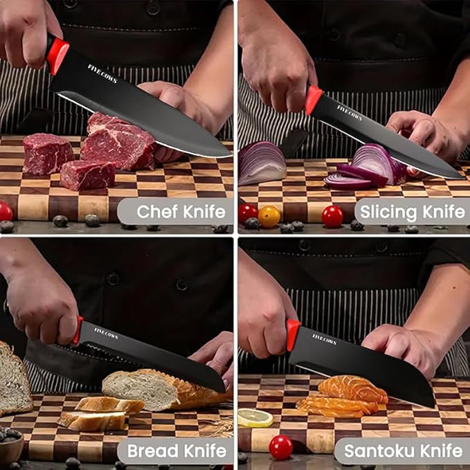 14 Pcs Kitchen Knife Block Set with Sharpener German High Carbon Stainless Steel Chef Knives, Razor-Sharp & Durable, Lightweight Anti-Slip Handle, Professional Set for Home & Kitchen (Red)