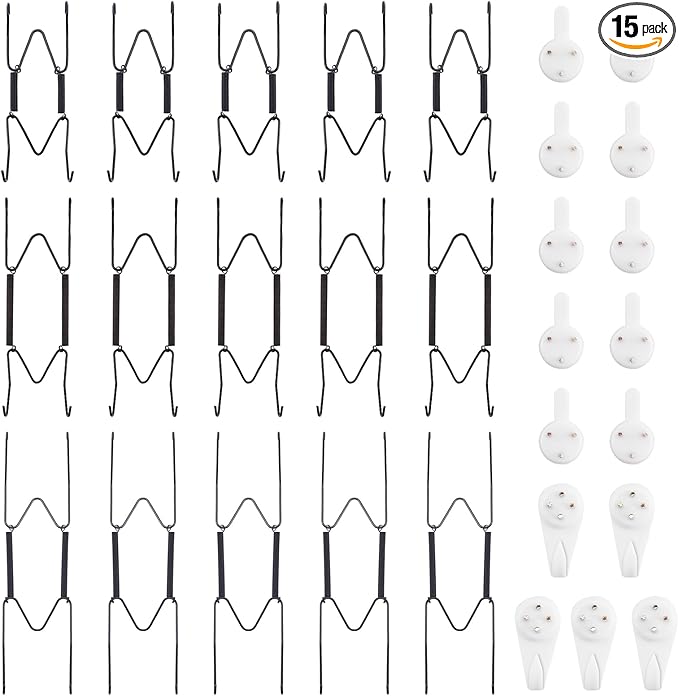 Bilillo 15-Piece Stainless Steel Wall Plate Hangers, 4/6/8 Inch Invisible Decorative Wire Plate Holders with 15 Pieces Wall Hooks for 4 to 10 Inch (Black)